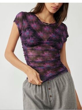 Free People Keep it Simple Mesh Floral Ruched Tee